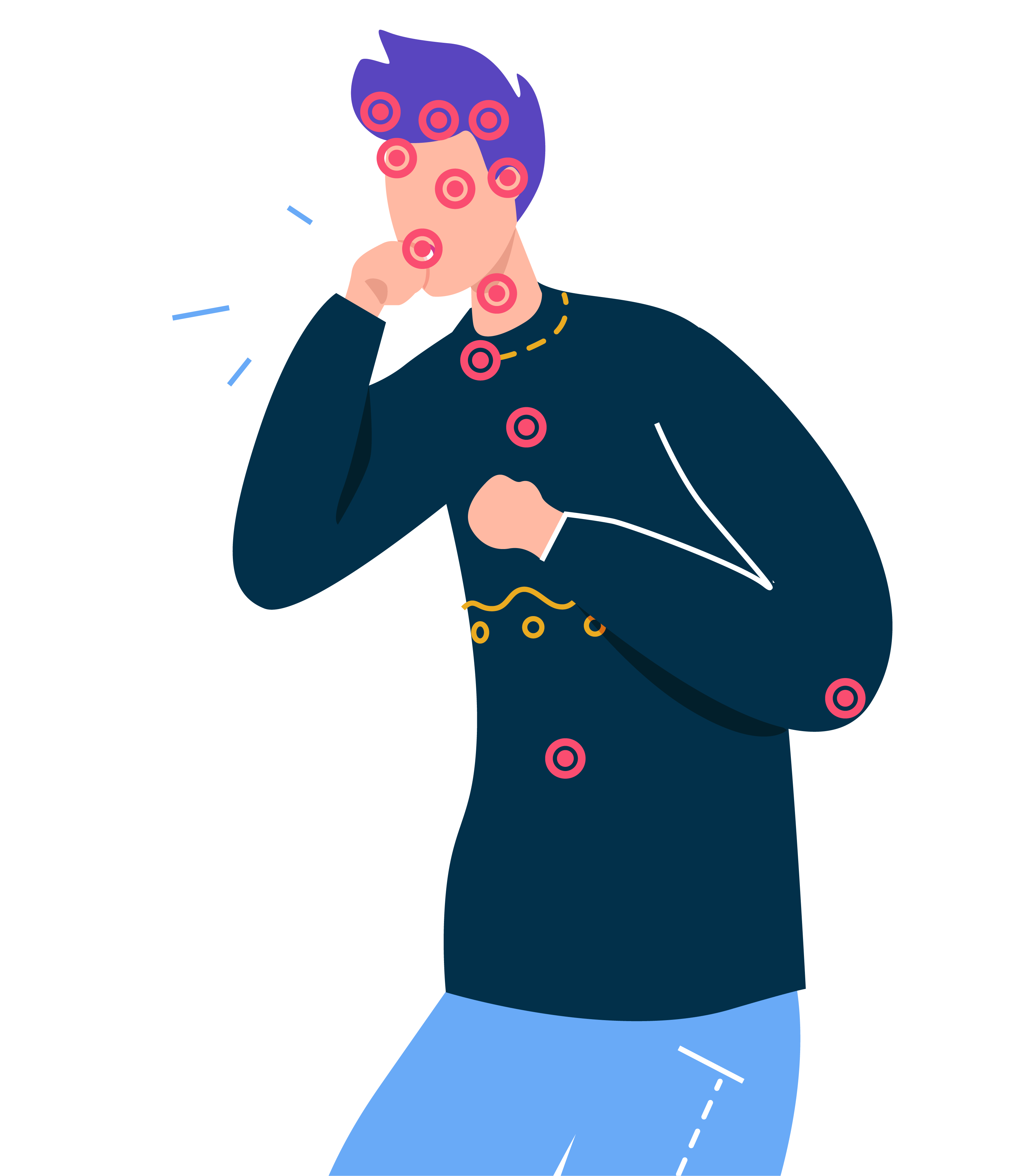 Illustration of a person with dots indicating symptoms on various parts of the body